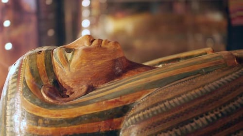 An Egyptian mummy Sarcophagus on exhibition in a museum glass cabinet