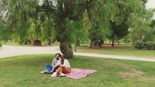Couple with blanket at picnic on green grass