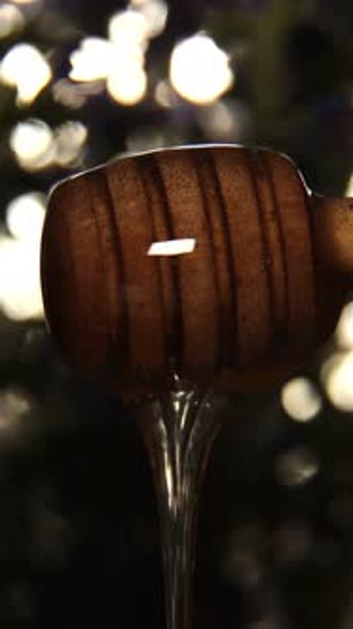 Golden Honey Dripping from Wooden Dipper