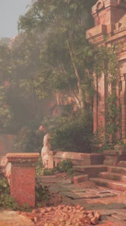 Les ruines d'un ancien temple enveloppées par la jungle à l'aube