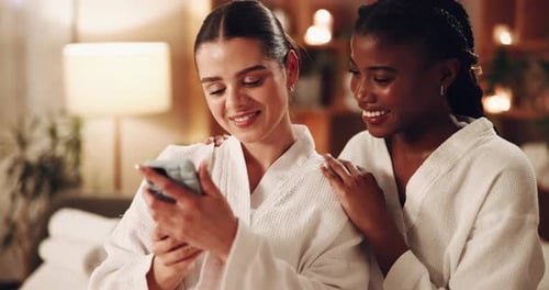 Women, friends and bonding at spa with selfie for social media, post and profile picture