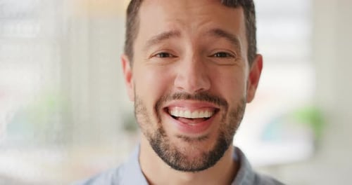 Businessman, happy and portrait with comic laugh for funny and silly worker joke at company zoom
