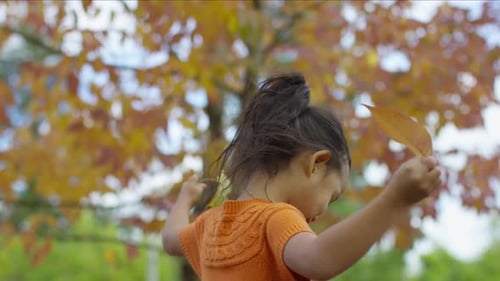 Happy Girl Playing with Autumn Leaves in Park