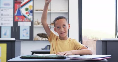 Biracial boy in a classroom raises his hand, eager to answer a question in school