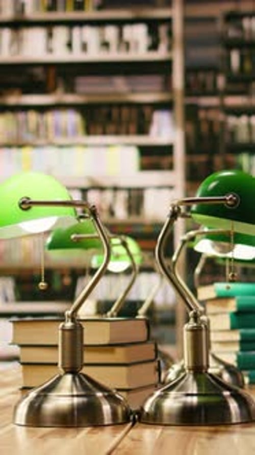 Vertical Video Stack of Hardcover Books on Wooden Study Desk in Empty Library