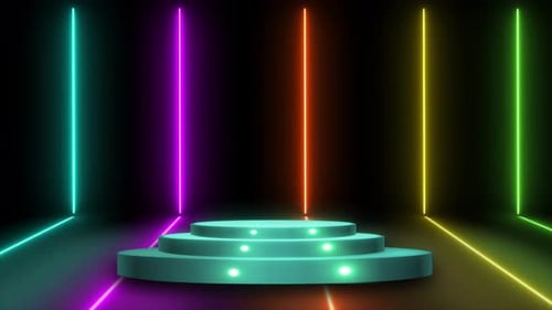 Realistische 3D-Bühne und Lichteffekte, die sich im Hintergrund bewegen. Spotlight-Animation mit Bühne und Neon