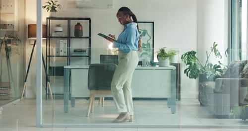 Woman, walking and thinking in office with tablet, project planning or schedule update