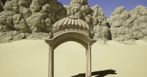 Intricate Archway Stands Alone in a Vast Sandy Desert Landscape Under Clear Sky