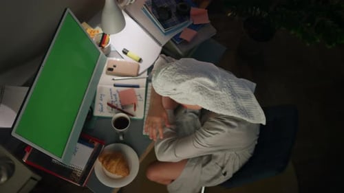 Tired Woman Falling Asleep Remote Workplace Top View