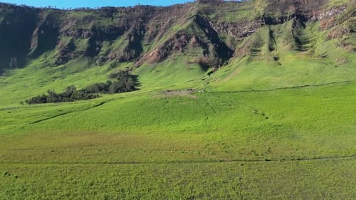 Scenic Aerial View of Green Hills and Mountains Under Blue Sky in Bromo Mountain