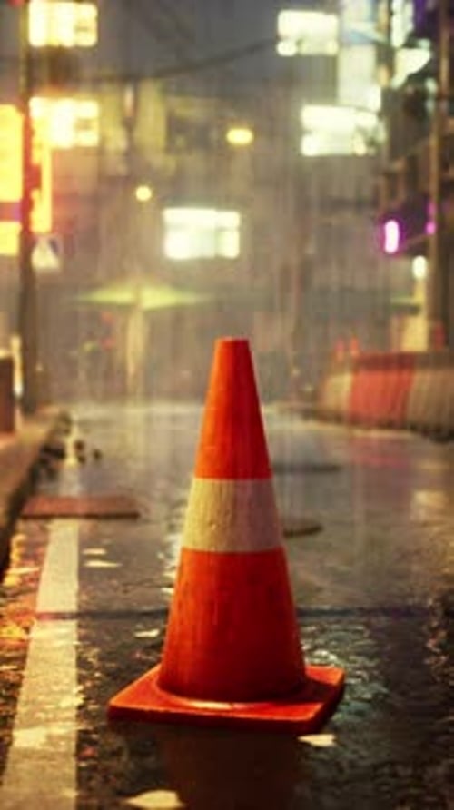 Traffic Cone on Wet Street