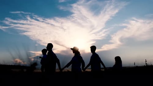 Silhouette Family Walking at Sunset, Nature