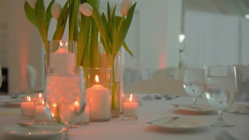 Restaurant Banquet Table Set Up Served Dinner Tableware and Silverware on Event
