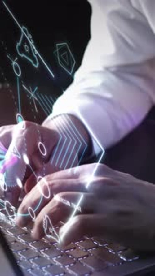 Futuristic Digital HUD Overlay on Hands Typing on Keyboard