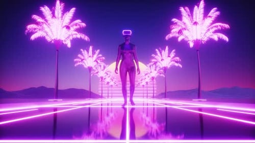 Personnage féminin marchant entre des palmiers fluorescents en toile de fond Synthwave