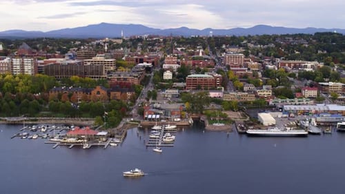Burlington Vermont, Sunset Flying Aerial Drone Shot New England Slow Motion