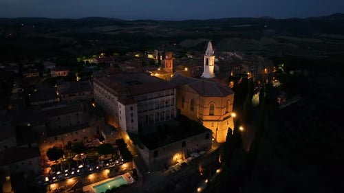 Night Aerial View of Medieval Pienza Town in Tuscany Siena Province Italy