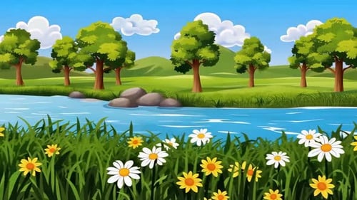 Animated Cartoon Nature Landscape with Blue River Green Hill
