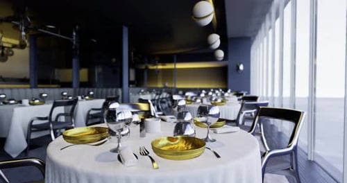 Elegant Dining Setup in a Modern Restaurant with Panoramic Views at Sunset