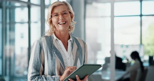 Business, tablet and face of woman in office for research project, online website and internet