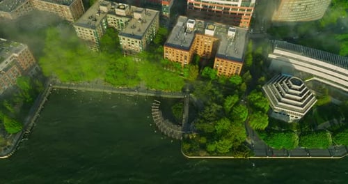 New York city blocks of flats and skyscrapers. Flying over the green city parks