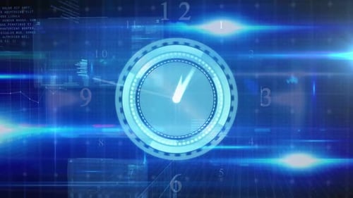 Digital clock and spots of light against data processing on blue background