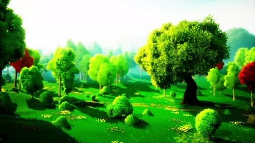 Colorful Cartoon Forest at Sunset