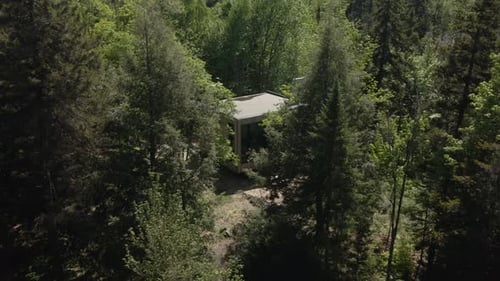 Small House Surrounded By Green Woodland On A Sunny Day. ascending drone shot