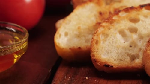 Delicious Tapas Bread with Tomatoes Pasta with Olive Oil Closeup Bruschetta with Red Sauce Ketchup