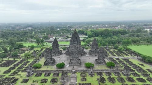 Aerial footage of Prambanan Temple in Central Java, Indonesia, highlights its towering spires, intri