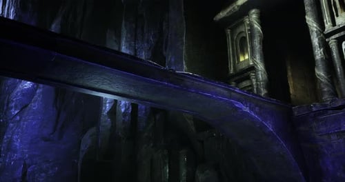 Mysterious Cave Illuminated By Glimmering Blue Lights in a Fantasy Realm