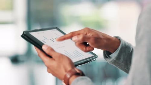 Hands, tablet and screen with graphs, report and statistics of company sales for data analysis