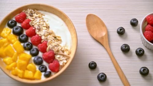 Yogurt Bowl Topped with Fresh Fruits and Granola