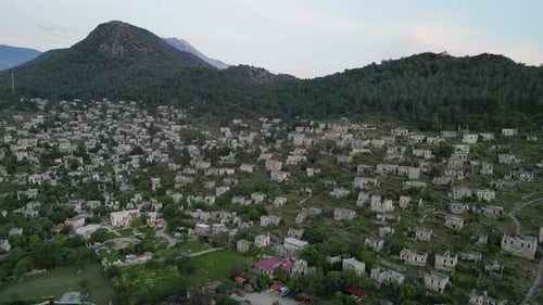 Drone View of Kayakoy Ghost Village Nestled in Turkish Hills