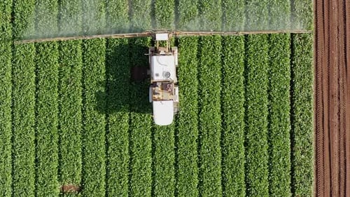 Pesticide Sprayer Tractor working on a large field, Aerial follow footage.