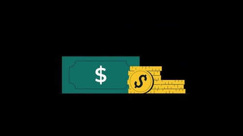 Dollar Banknotes with Coins. Finance Concept Animation Video - Transparent