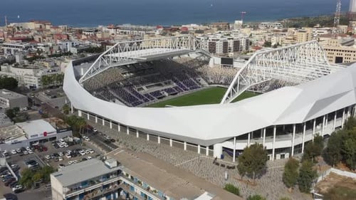 Aerial shot of tall residential buildings against a sky background, a drone flies over the famous st