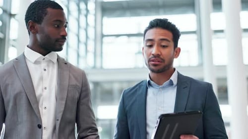 Business people, walking and tablet for advice, planning and teamwork or b2b support in stock market