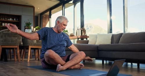 Man, stretching and pilates with laptop, home and workout routine in lounge, online and flexibility