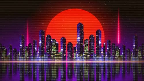 Neon Retro City Background Futuristic City 80s 90s in Style Synthwave Cyberpunk Retrowave Vhs Glitch
