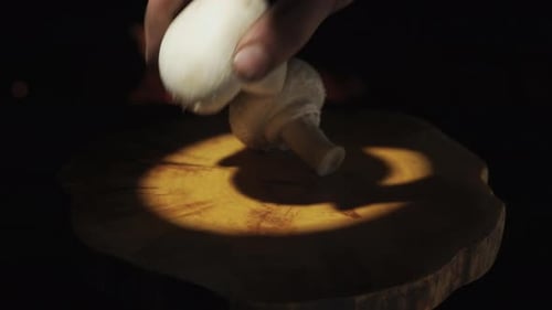 J'ai mis les champignons Champignon sur un plateau rotatif en bois. Sur fond de feu, la lumière