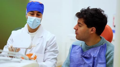 Dentist Explains Dental Model to Young Adult Patient