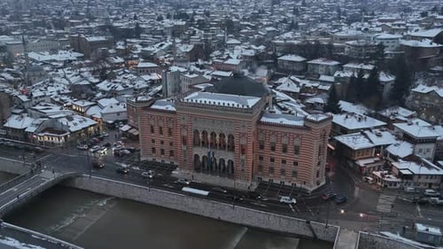 Sarajevo City Hall or National Library in Town Center Aerialhyper Lapse or Time Lapse
