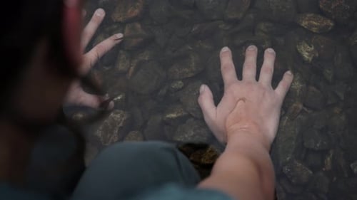 Fish feeding on the hands of a woman
