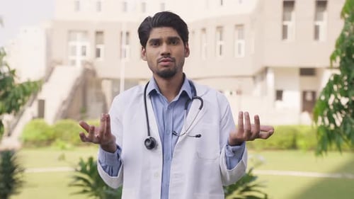 Young Doctor Explains with Hand Gestures Outdoors