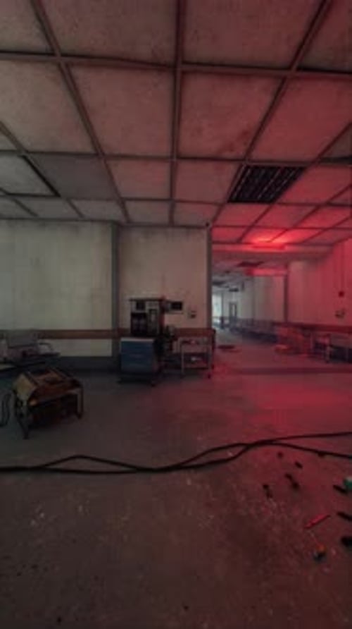 Abandoned Hospital Corridors with Eerie Red Lighting and Forgotten Memories
