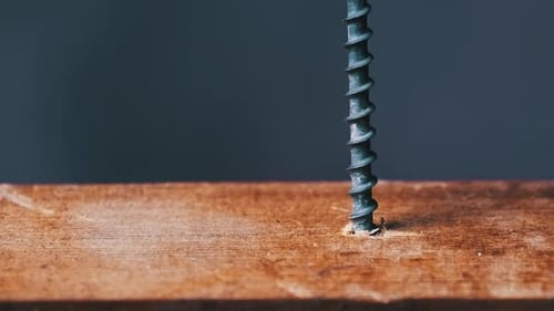 The Screw is Screwed Into the Wood Board with a Screwdriver Extreme Macro