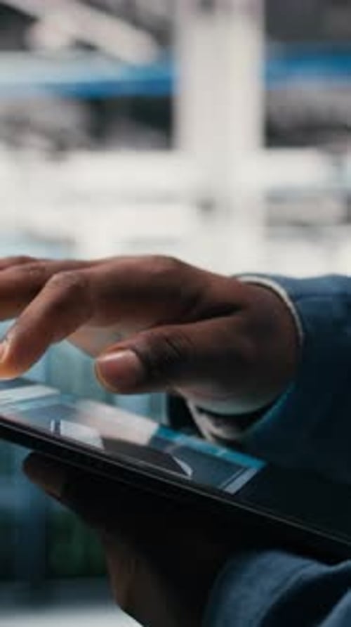 Vertical Video Using AI Software Tablet Close Up and Engineer in Data Center