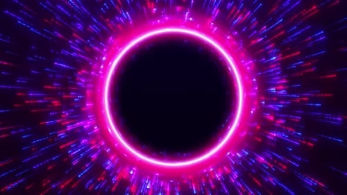 Digital futuristic tunnel or travel through time and space by moving bright neon particle lines