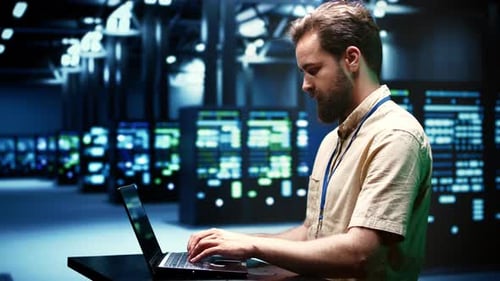 Engineer Checking Server Event Logs for Diagnostics with Blade Servers